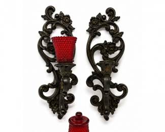 141 VintageSyrocoWallSconcesRedHobnailCandleCups