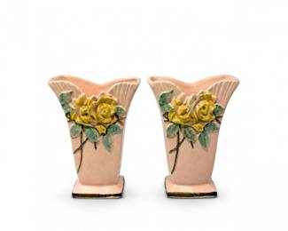 108 VintageMcCoyWildRosePinkPotteryVasePair