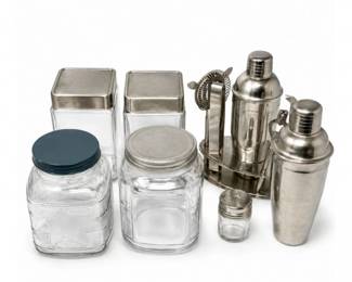 148 VintageGlassCanisterBarwareCocktailShakerLot