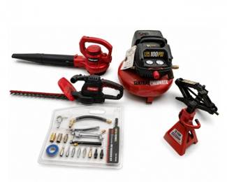 56 ToolLotAirCompressorBlowerJackStandsTrimmer