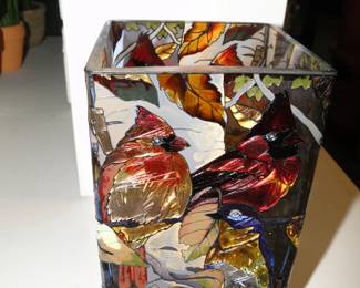 The other side of the stained glass bird candle