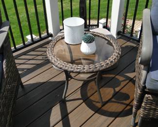 Round glass and wicker style small side table