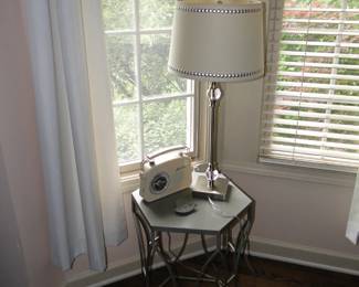 Five sided end table with metal lamp and "vintage" style radio