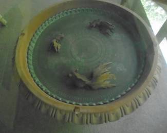Glass top table with wooden goldfish