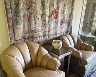 Antique English Tapestry, Pair of Leggett & Platt Clam Back Chairs