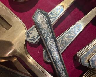 Amfarco Siam Sterling Silver Niello lnlaid Buddha Brass Flatware Set