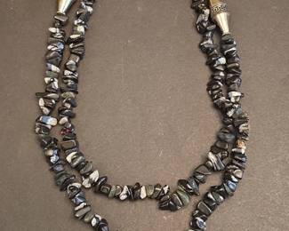 Tibetan Red Cinnabar Carved Bead Necklace with Snowflake Obsidian and SilverToned Spacers