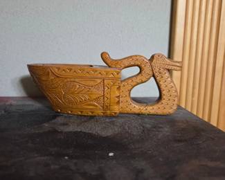 Vintage HandCarved Wooden Ale Bowl with Dragon Handle