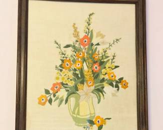 Vintage Crewel Embroidery Floral Art