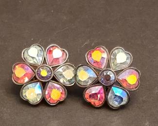 Yves Saint Laurent YSL Flower Crystal Aurora Borealis ClipOn Earrings