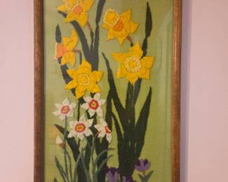 Vintage Daffodil and Purple Flower Embroidery Framed Art