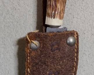 Carved Antler Handle Knife with Leather Sheath