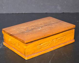 Vintage Carved Wood Trinket Box with Landscape Scene