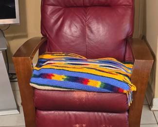 LaZBoy Burgundy Leather Recliner with Wooden Arms
