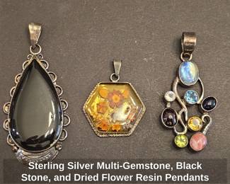 Sterling Silver MultiGemstone, Black Stone, and Dried Flower Resin Pendants