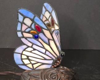 Tiffany Style Stained Glass Butterfly Lamp with Rose Base
