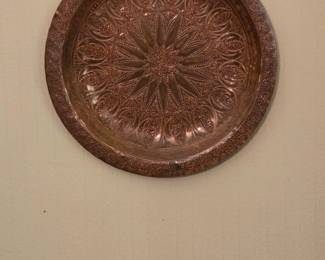 Antique HandEngraved Copper Serving Tray with Starburst Motif