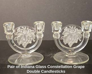Pair of Indiana Glass Constellation Grape Double Candlesticks