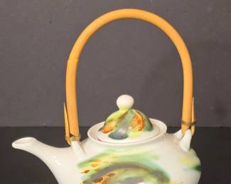 Japanese Ceramic Teapot with Abstract Glaze and Bamboo Handle