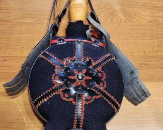 Vintage Hungarian Folk Art Embroidered Leather Water Canteen or Flask Kulacs