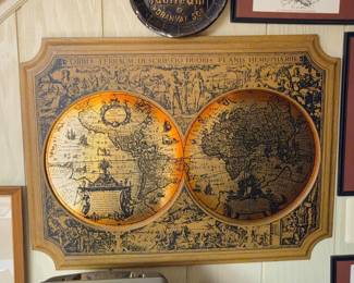 Vintage Masketeers Inc. Brass and Wood World Map Reproduction