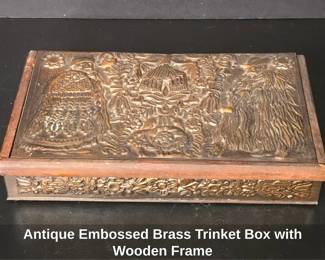 Antique Embossed Brass Trinket Box with Wooden Frame