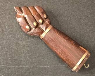 Vintage Carved Wooden Figa Hand Pendant Charm with Brass Accents