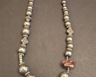 Vintage Navajo Sterling Silver Navajo Pearls Necklace with Carved Stone Pendant