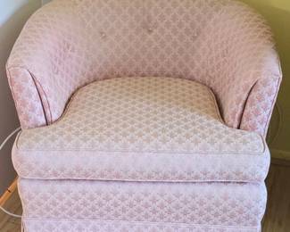 Pink Floral Upholstered Swivel Barrel Chair