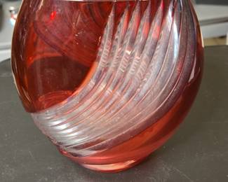 Ruby Red Swirl Cut Glass Vase