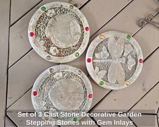 Set of Cast Stone Decorative Garden Stepping Stones with Gem Inlays