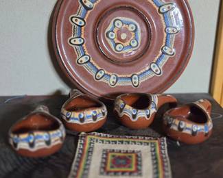 Bulgarian Troyan Pottery Set with Plate and Cups