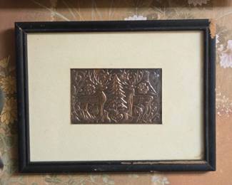 Framed Copper Embossed Art with Deer and Trees