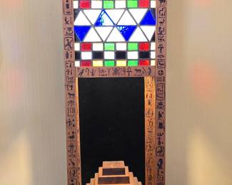 Egyptian Revival Stained Glass and Wood Table Lamp
