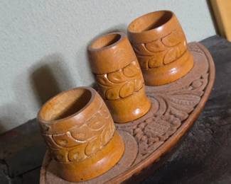 Carved Wooden Thimble Holder with Three Cups