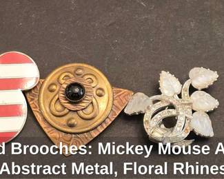 Assorted Brooches Mickey Mouse American Flag, Abstract Metal, Floral Rhinestone, and Miniature Flag Rhinestone