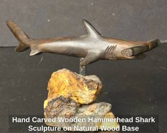 Hand Carved Wooden Hammerhead Shark Sculpture on Natural Wood Base