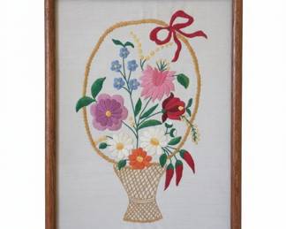 Vintage Hungarian Kalocsa Embroidered Floral Basket Framed Art
