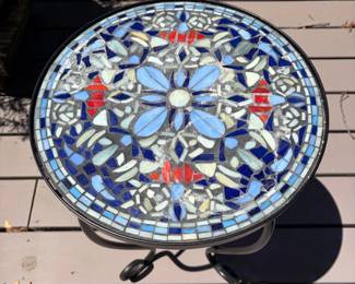 Blue Floral Mosaic Top Accent Table with Scrolled Black Metal Base second image
