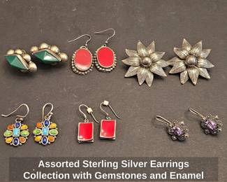 Assorted Sterling Silver Earrings Collection with Gemstones and Enamel