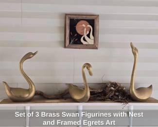 Set of Brass Swan Figurines with Nest and Framed Egrets Art