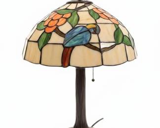 Tiffany Style Stained Glass Table Lamp with Parrot and Floral Motif