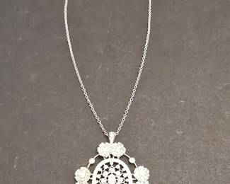 Ornate Rhinestone and SilverTone Pendant Necklace