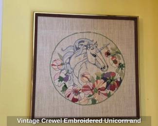 Vintage Crewel Embroidered Unicorn and Flowers Wall Art
