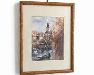 Watercolor Painting of European Town with River and Boat