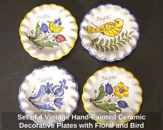 Set of Vintage HandPainted Ceramic Decorative Plates with Floral and Bird Motifs from Bugac