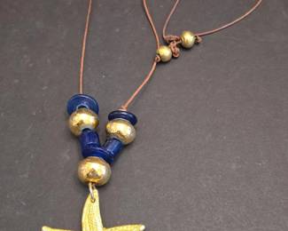GoldTone Starfish Pendant Necklace with Blue Glass Beads