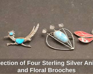 Collection of Four Sterling Silver Animal and Floral Brooches