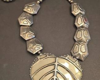 Silver Leaf and Geometric Pendant Necklace