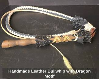 Handmade Leather Bullwhip with Dragon Motif